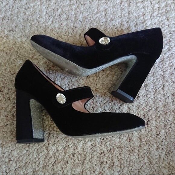 J. Crew black Velvet Mary Jane pumps with jewel details size 7.5 - Picture 1 of 15
